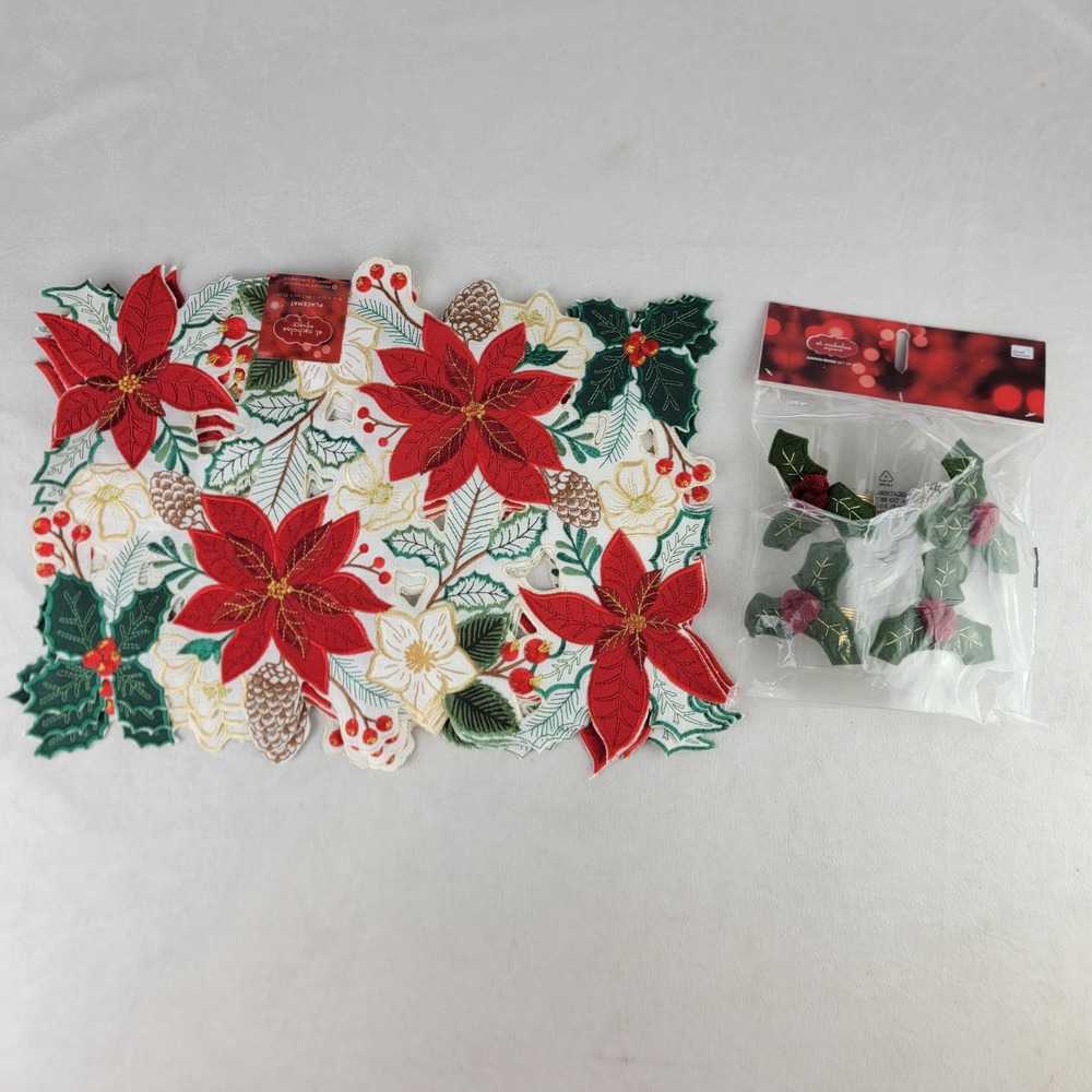Poinsettia Placemat & Napkin Rings Set Christmas Holiday Decor Red Green Festive